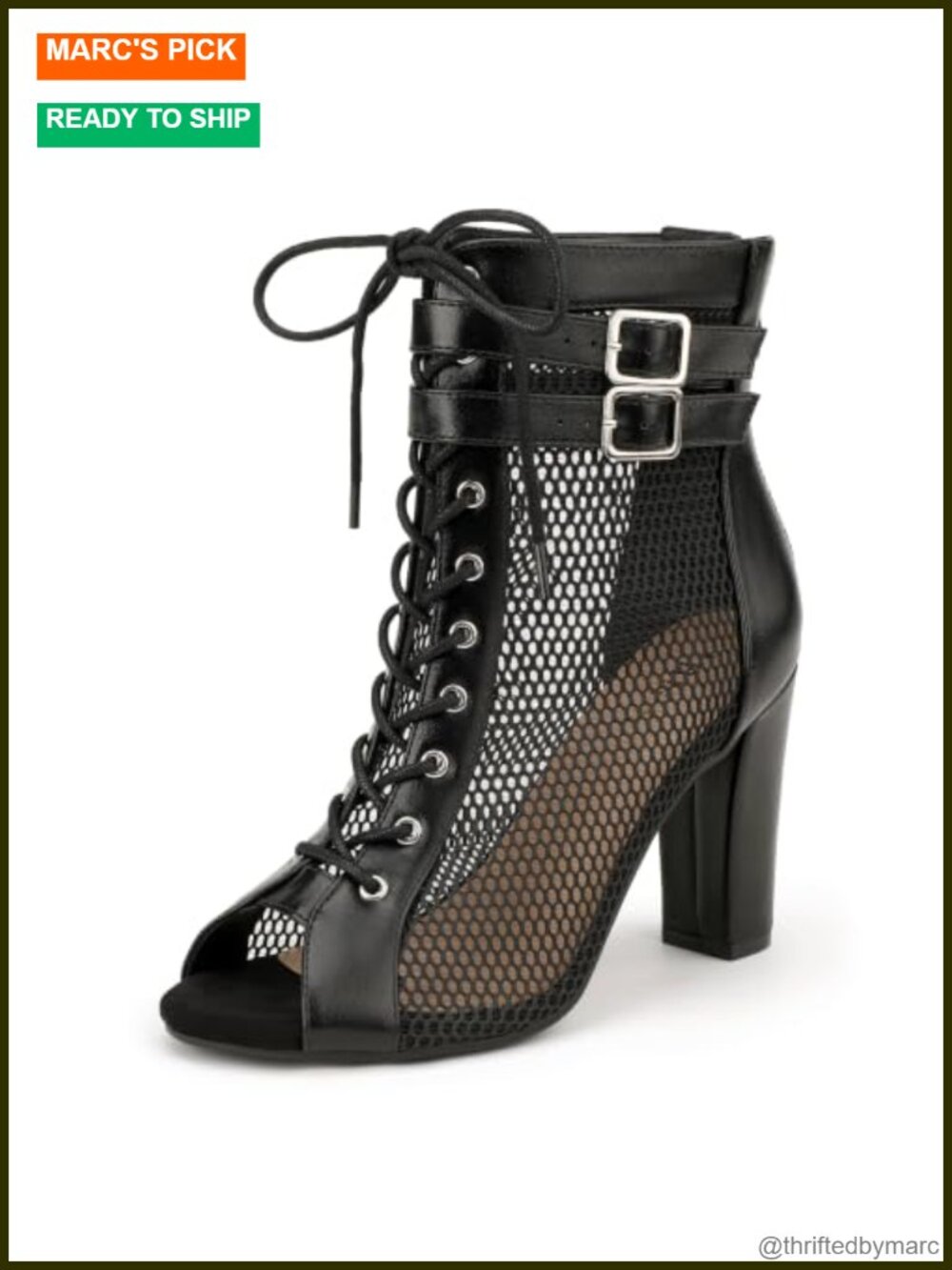Women's Peep Toe Mesh Block Heeled Sandals Lace Up Ankle Strap Heels
